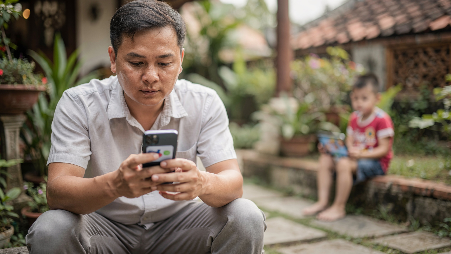 Một người đàn ông đang chăm chú nhìn vào màn hình điện thoại iPhone của mình, hiển thị giao diện cài đặt kiểm soát phụ huynh, với một đứa trẻ đang chơi trò chơi trên một chiếc máy tính bảng ở phía hậu cảnh mờ, tại một khu vườn gia đình yên tĩnh ở ngoại ô Hà Nội.