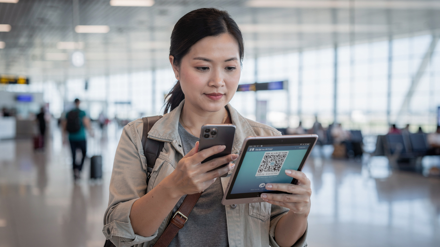 Một người mẹ đang dùng iPhone của mình để quét mã QR eSIM từ ứng dụng Cellesim trên màn hình của một chiếc iPad khác, với một khung cảnh sân bay nhộn nhịp phía sau, tượng trưng cho sự chuẩn bị kỹ lưỡng trước chuyến đi.