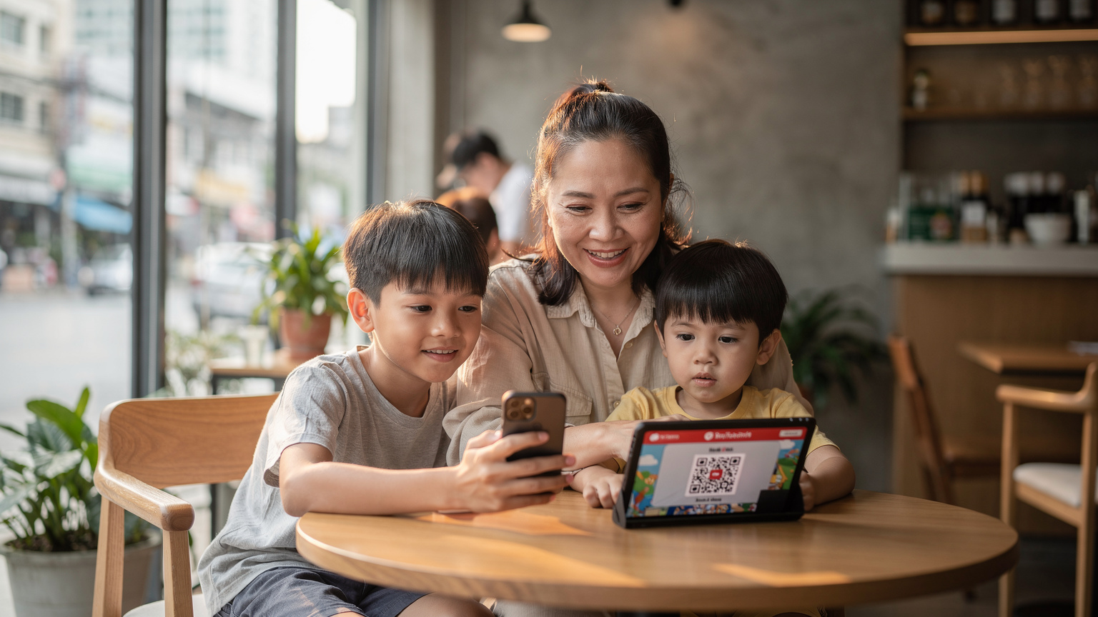 Một người mẹ đang mỉm cười nhẹ nhõm khi cầm điện thoại iPhone với mã QR eSIM vừa được quét, đứa con trai 8 tuổi của cô đang ngồi bên cạnh xem YouTube Kids trên một chiếc iPad, tại một quán cà phê hiện đại ở Bangkok, Thái Lan, với ánh sáng tự nhiên ấm áp từ cửa sổ.