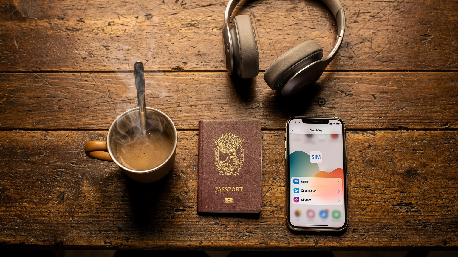 Vista aérea de una taza de café, un pasaporte, un smartphone con una pantalla de configuración de eSIM y unos auriculares en una mesa de madera, representando la vida del nómada digital.