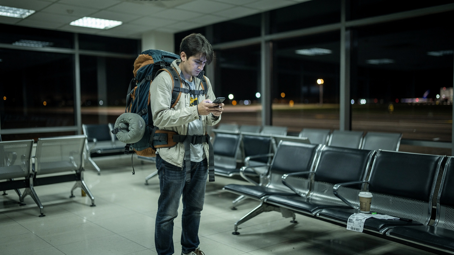 Un viajero con mochila mira su teléfono con expresión de frustración, en un ambiente de aeropuerto con poca luz, simbolizando un problema de conectividad antes de un viaje.
