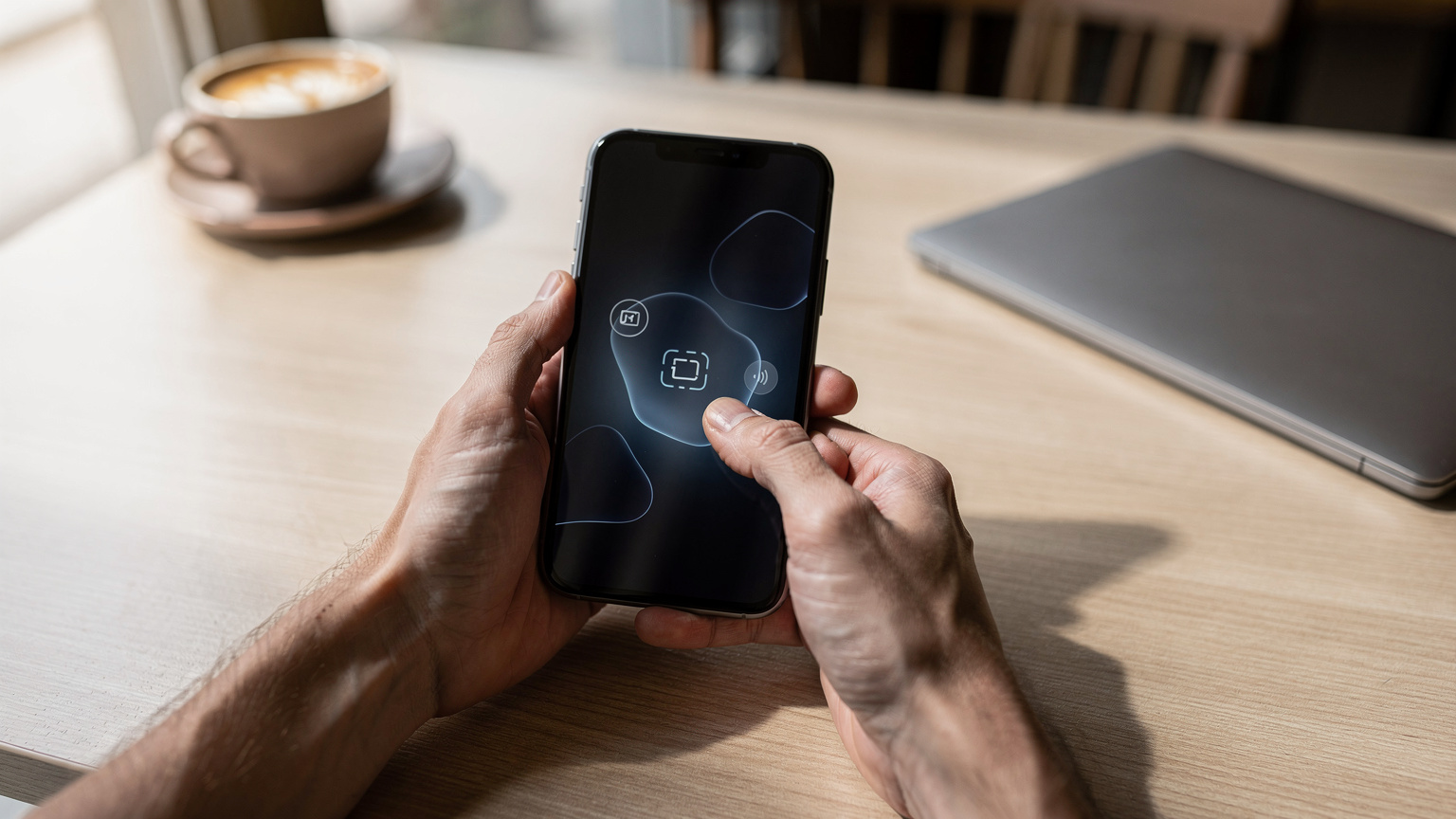 Un primer plano de manos interactuando con un smartphone que muestra la configuración de una eSIM, destacando la facilidad de gestión para un nómada digital.