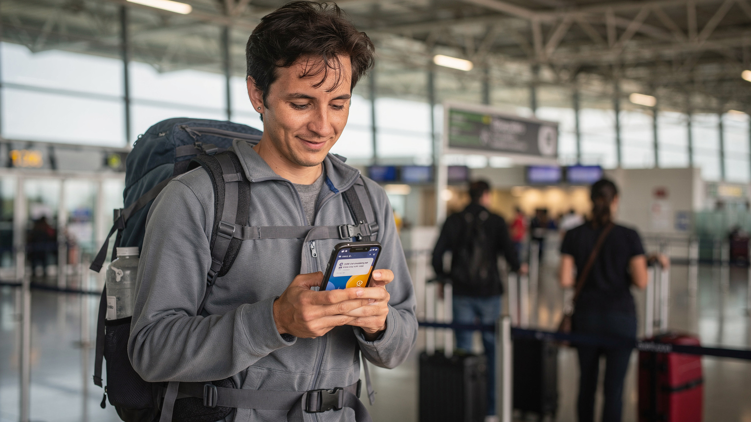 Un viajero consulta su teléfono con una eSIM activa mientras espera en la cola de migración en el Aeropuerto Internacional de Ezeiza, Buenos Aires, mostrando la facilidad de conexión al llegar.