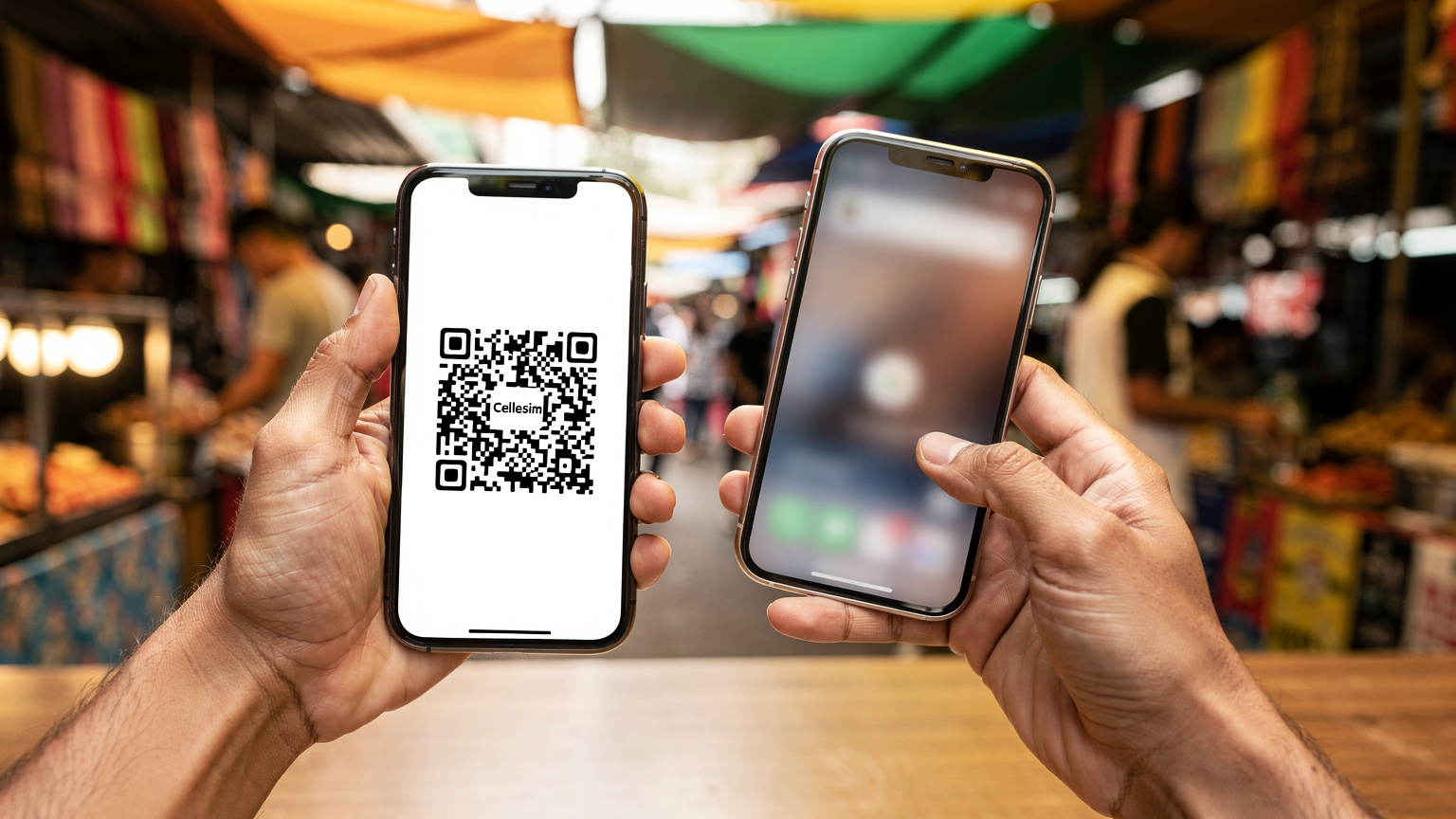 En reisende holder en smarttelefon med en eSIM QR-kode på skjermen, klar til å skanne den for aktivering, med et thailandsk marked i bakgrunnen.