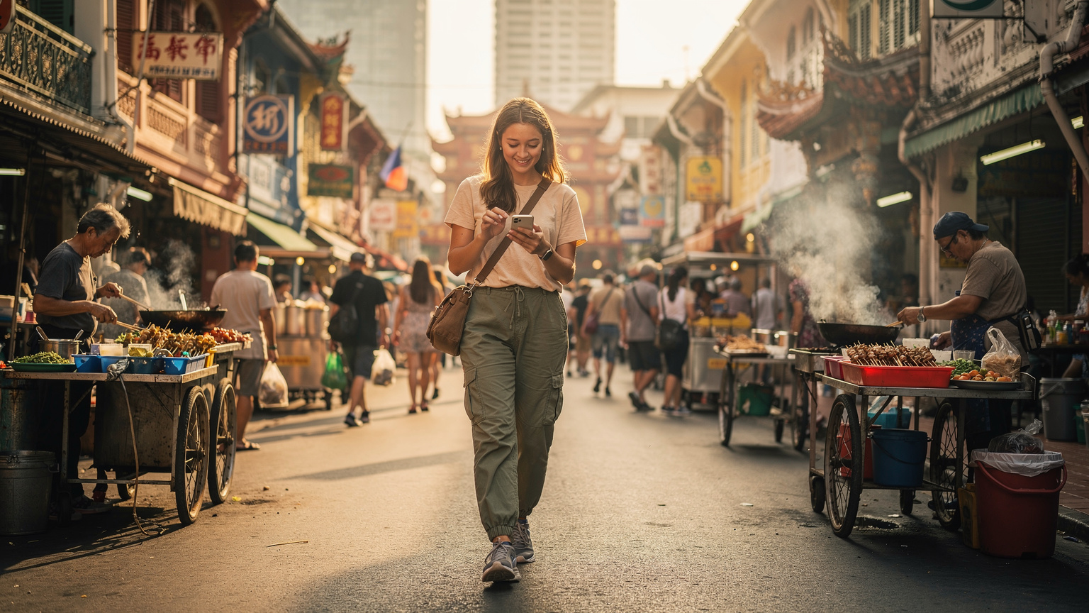 En travel gate i Bangkok med en kvinne som holder en telefon og navigerer. Bakgrunnen viser en blanding av tradisjonell arkitektur og moderne bygninger.