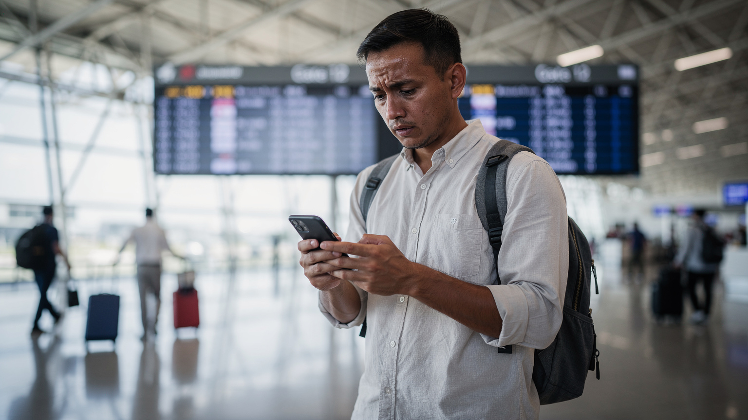 En reisende studerer sin smarttelefon med et bekymret uttrykk, prøver å feilsøke et nettverksproblem på en travel flyplass i Bangkok, med avgangstavler i bakgrunnen.