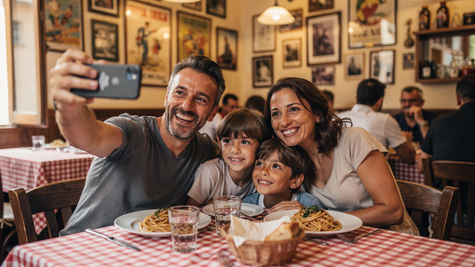 Una famiglia italiana felice (genitori e due bambini) siede al tavolo di una trattoria animata a Trastevere, Roma, scattando un selfie con un telefono che mostra un piccolo indicatore di segnale.