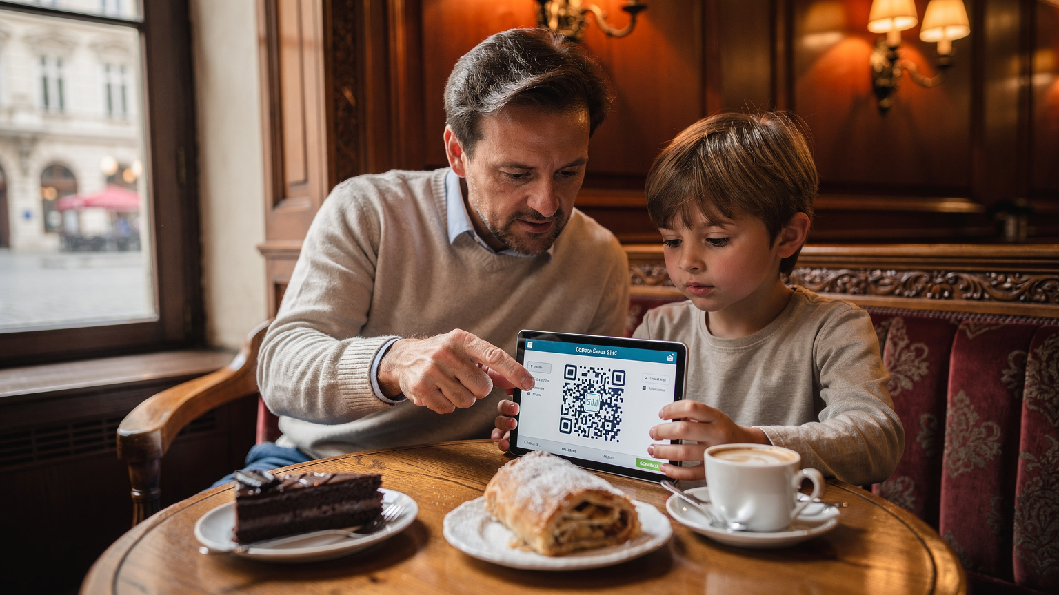 Un padre sta aiutando il figlio ad attivare una eSIM su un tablet in un caffè accogliente a Vienna, con dolci tradizionali sul tavolo e una finestra che mostra una strada storica.