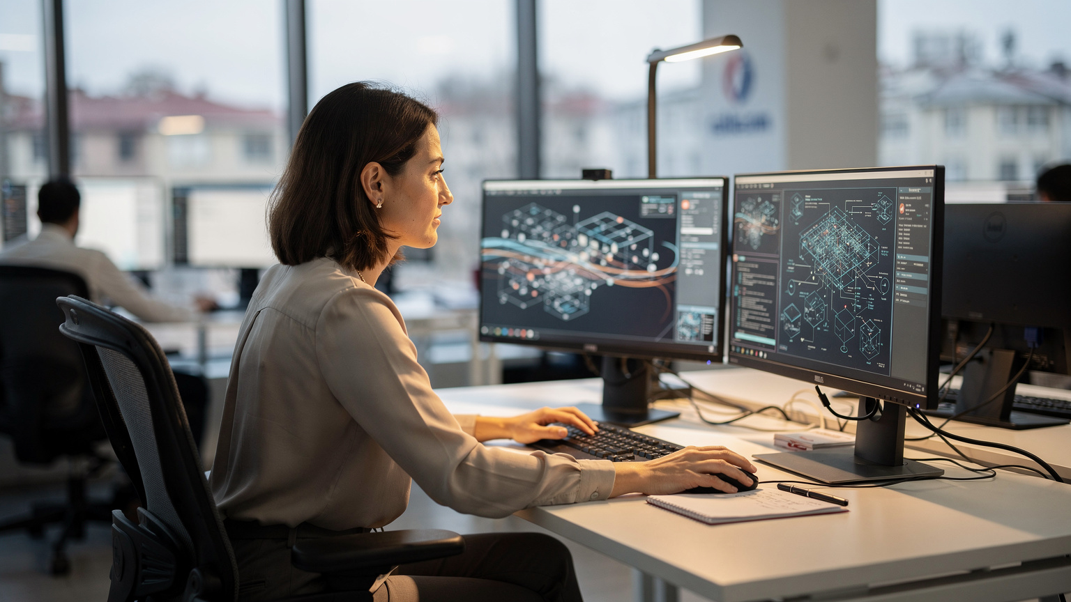 İstanbul'da modern bir ofis ortamında, bir Cellesim çalışanı, çift monitöründe karmaşık veri güvenliği şemalarını inceliyor, arka planda Cellesim logosu seçiliyor.