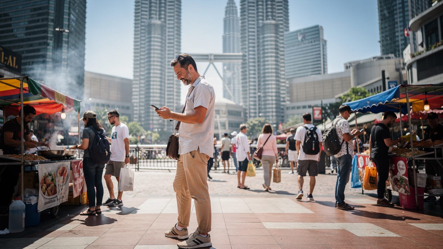 Malezya'nın hareketli başkenti Kuala Lumpur'da, Petronas Kuleleri'nin önünde, bir Türk turist akıllı telefonundan Cellesim uygulamasını kullanarak eSIM paketi satın alıyor. Etrafında yerel sokak satıcıları ve turistler var.