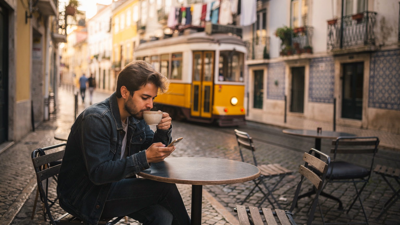 Vue sur une rue animée de Lisbonne, avec un tramway jaune emblématique passant, tandis qu'une personne assise à la terrasse d'un café utilise son smartphone, savourant un café.