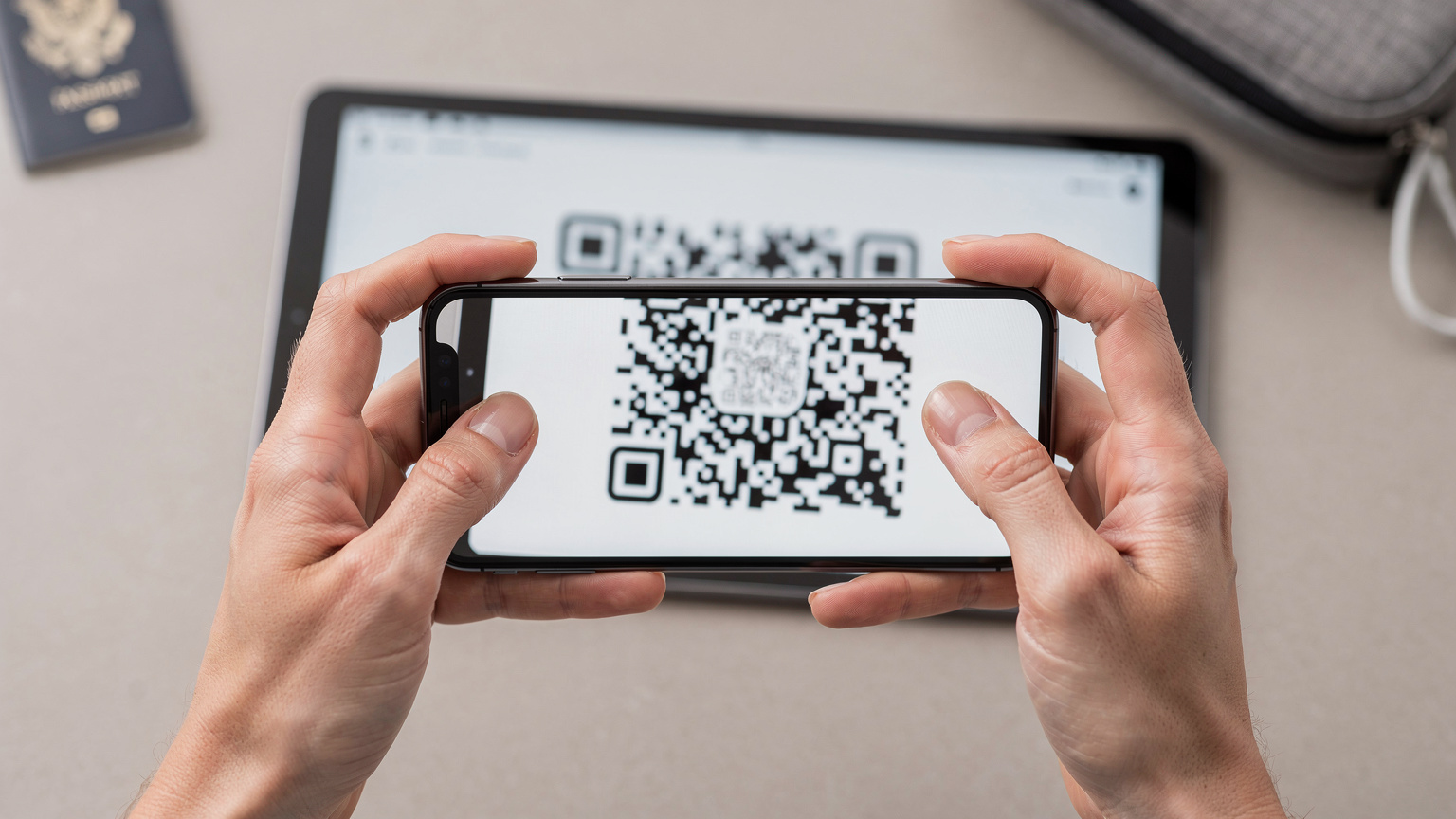 Mãos de uma pessoa segurando um smartphone, com a tela exibindo a câmera focada em um QR code de eSIM sendo escaneado em um tablet que está ligeiramente desfocado ao fundo. O ambiente sugere um hotel moderno ou lounge de aeroporto.