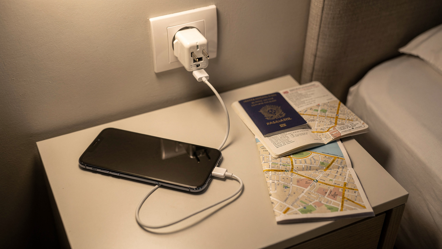 Um smartphone sendo carregado em uma tomada de parede europeia usando um adaptador de viagem universal. Ao lado, um passaporte brasileiro e um pequeno mapa dobrado de uma cidade europeia. O ambiente é de um quarto de hotel simples.