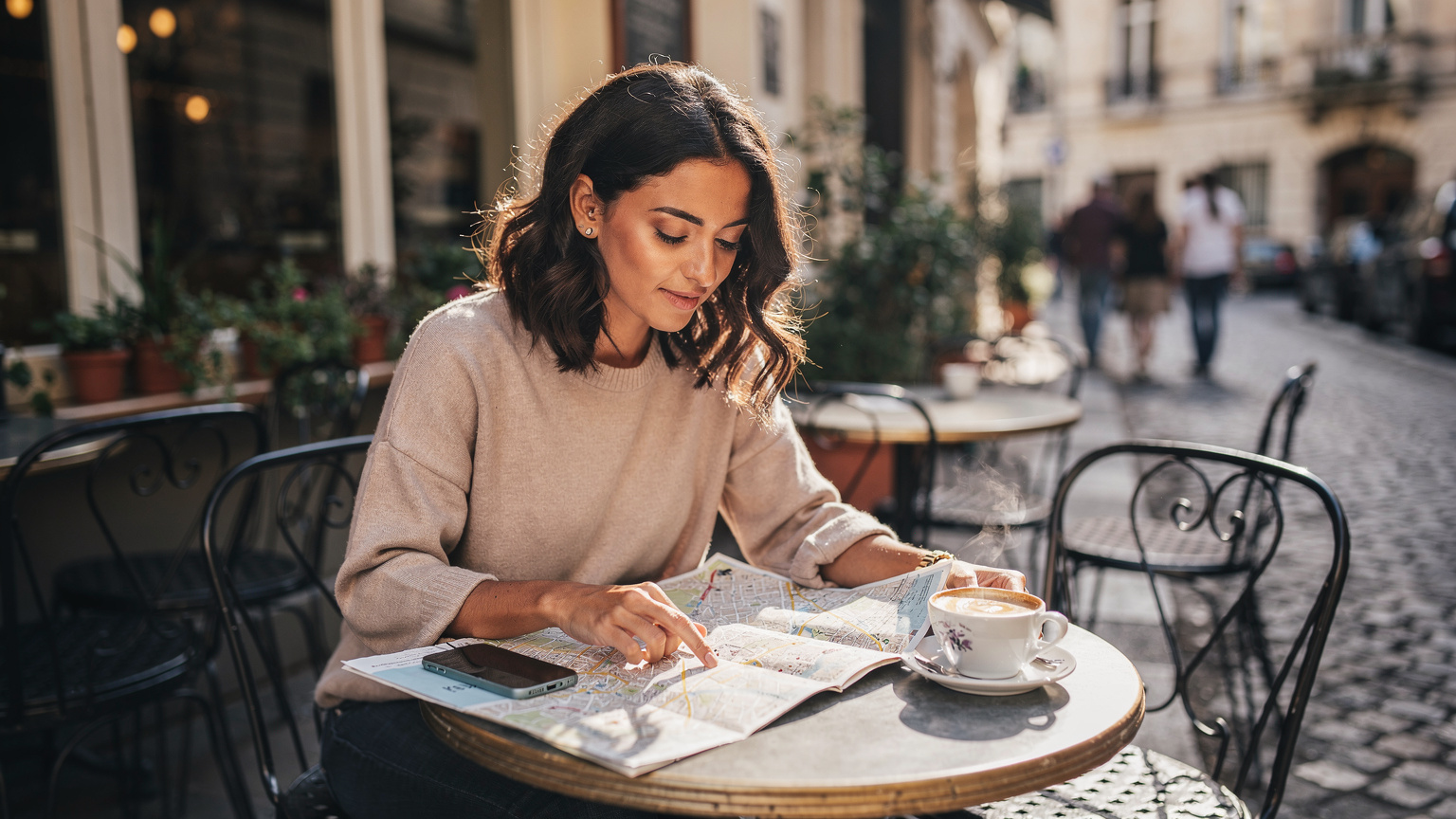 Uma mulher jovem e elegante sentada em um café europeu ensolarado, com um mapa da cidade aberto sobre a mesa ao lado de seu smartphone e uma xícara de café, planejando sua rota turística. Há baguetes e croissants em um cesto próximo.