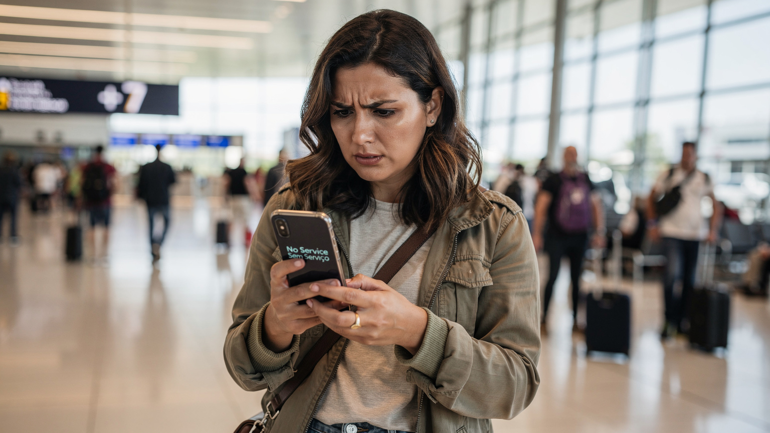 Uma mulher com expressão frustrada, segurando seu smartphone em um aeroporto lotado. A tela do celular está visível e mostra uma mensagem de 'Sem Serviço' ou 'No Service', enquanto outras pessoas passam ao fundo, desfocadas.