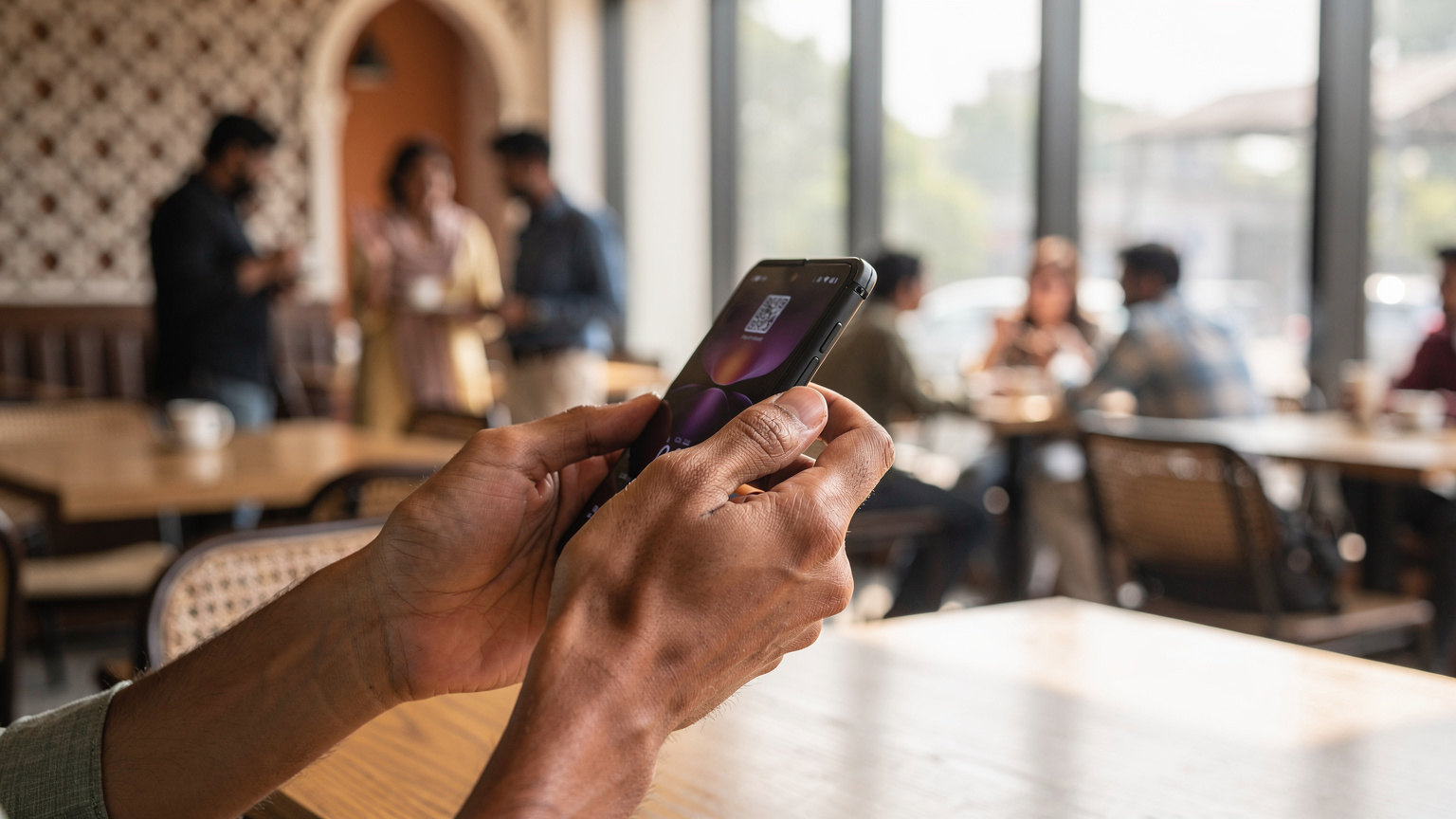 एक युवा भारतीय यात्री के हाथों का क्लोज-अप, एक Samsung Galaxy Z Fold फोन पर eSIM QR कोड स्कैन करते हुए, पृष्ठभूमि में दिल्ली के एक व्यस्त कैफे का माहौल दिखाई दे रहा है.