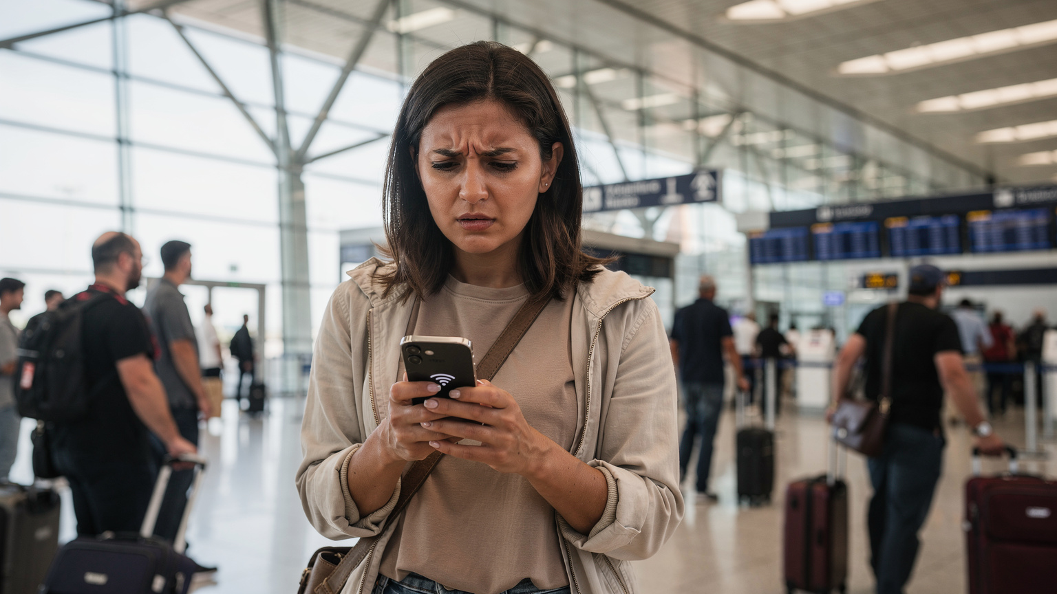 Een reiziger kijkt teleurgesteld naar haar telefoon met een 'geen service' melding op het moderne Istanbul Airport, omringd door andere, ogenschijnlijk onbezorgde reizigers.