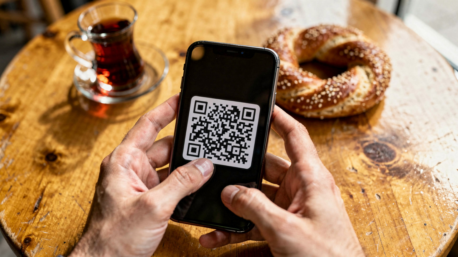 Close-up van handen die een moderne smartphone vasthouden, waarbij een QR-code voor eSIM-activatie op het scherm te zien is, op een houten tafel met een traditionele Turkse theekop en een simit.