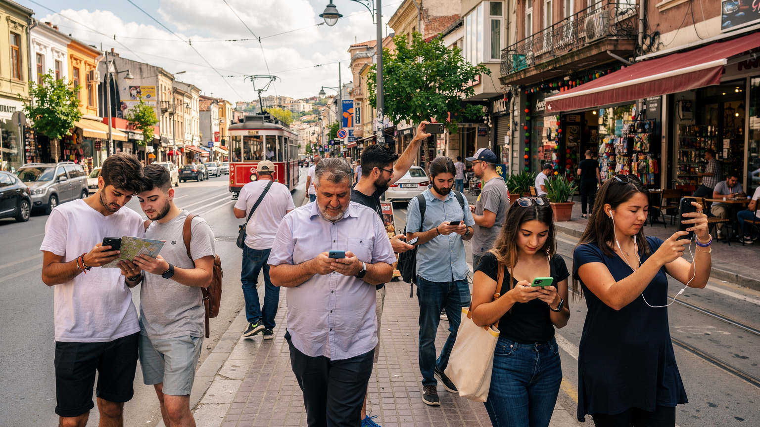 Een groep mensen die elk hun smartphone gebruiken op een levendige straat in Kadıköy, Istanbul, met de iconische rode tram op de achtergrond die de straat afrijdt.