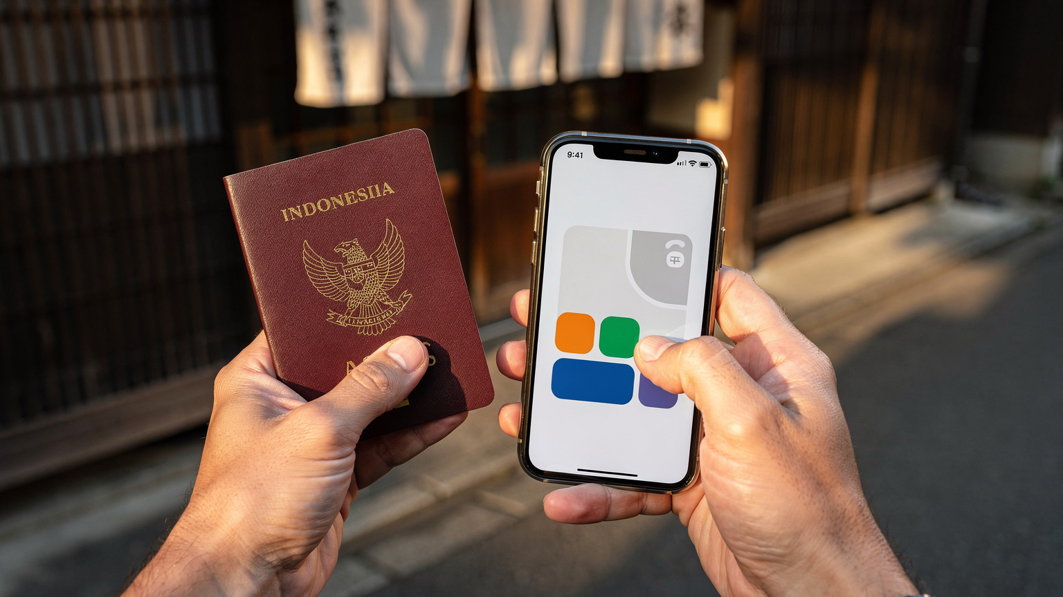 Tangan seorang traveler memegang paspor dan ponsel dengan aplikasi eSIM terbuka, berlatar belakang arsitektur tradisional di Kyoto, Jepang, dengan cahaya matahari sore yang hangat.