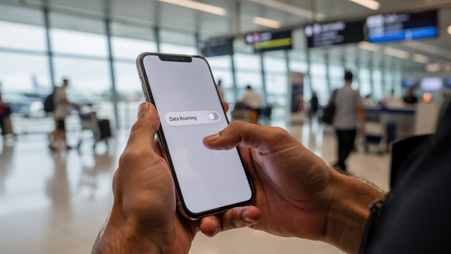 Tangan seorang pria sedang menonaktifkan "Data Roaming" di pengaturan ponselnya, dengan latar belakang suasana terminal kedatangan Bandara Internasional Suvarnabhumi, Bangkok yang ramai.
