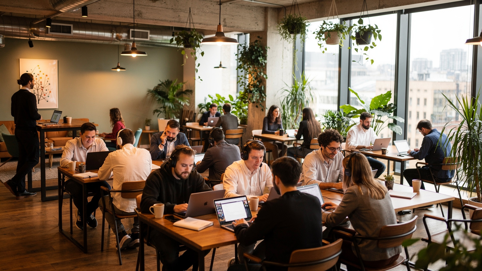 Ein überfüllter Co-Working Space in London, mit verschiedenen Menschen, die an Laptops arbeiten, was die geschäftige digitale Arbeitskultur und die hohen Lebenshaltungskosten widerspiegelt.