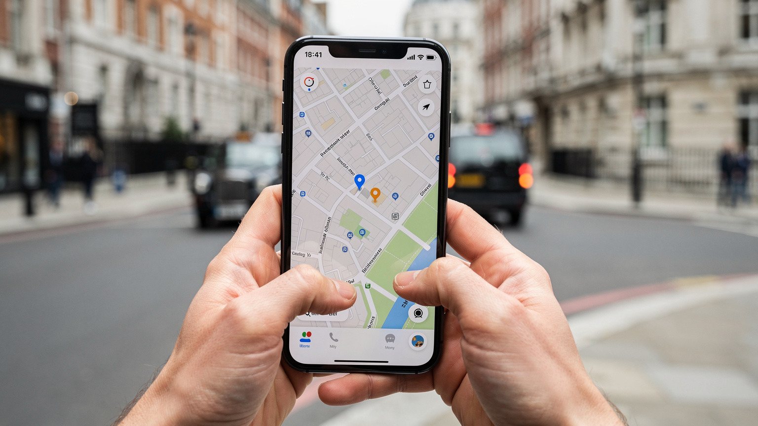 Nahaufnahme von Händen, die ein Smartphone halten, auf dem eine Karten-App geöffnet ist, während im Hintergrund ein belebtes Londoner Viertel verschwommen zu sehen ist, was die Abhängigkeit von digitaler Navigation unterstreicht.