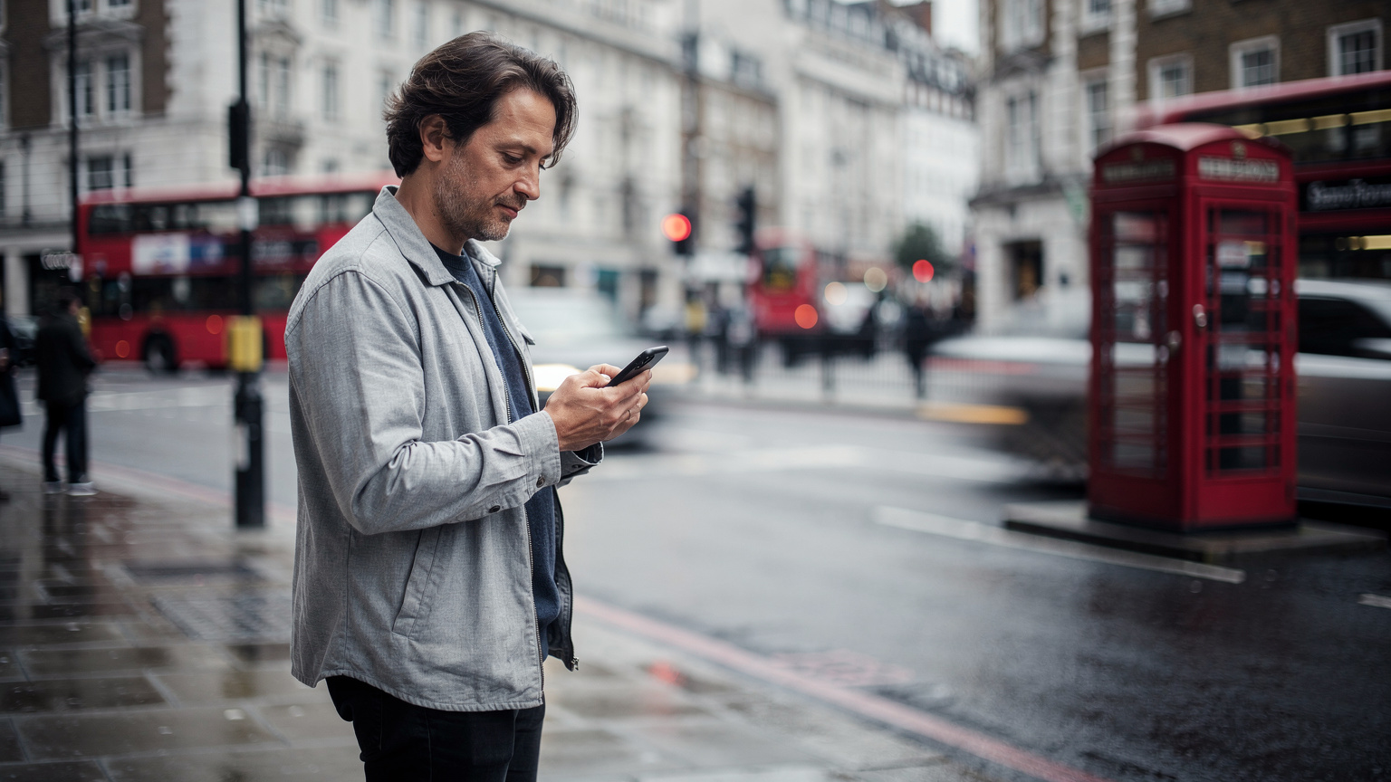 Eine Person blickt nachdenklich auf ihr Smartphone, während sie auf einer überfüllten Straße in London steht, mit typisch britischen roten Telefonzellen im Hintergrund, was die Herausforderungen der Konnektivität im Ausland symbolisiert.