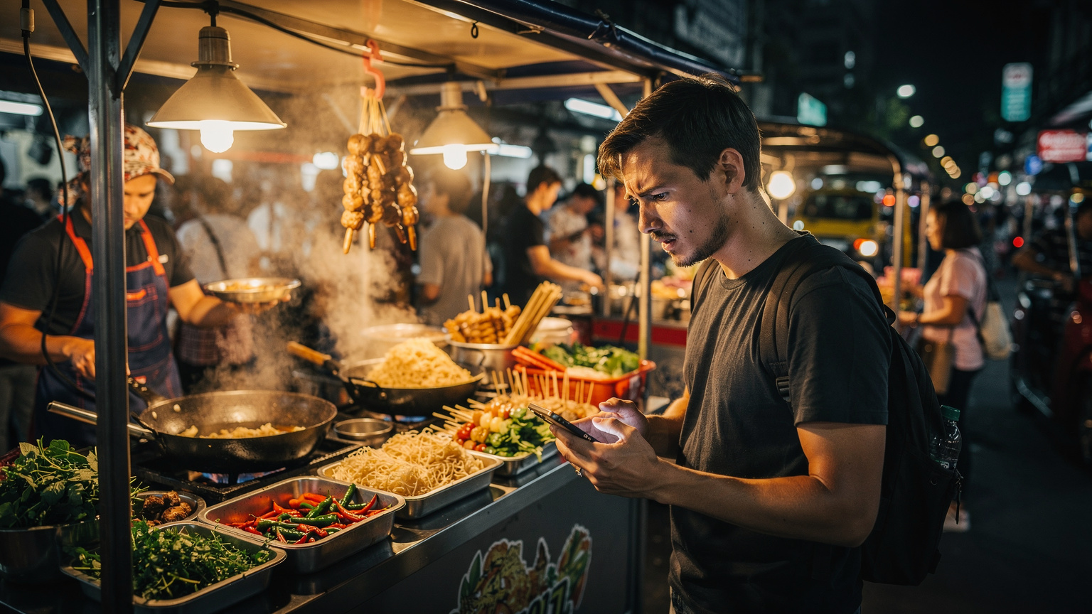Un turista è in piedi davanti a un chiosco di street food affollato a Bangkok, Thailandia, mentre tenta di ordinare del cibo con il suo smartphone. Il suo viso mostra un leggero smarrimento, suggerendo una possibile difficoltà di comunicazione o connessione.