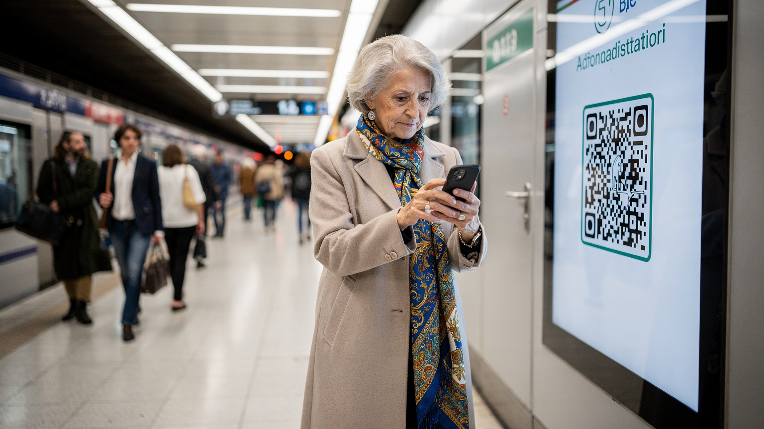 Una donna anziana con una sciarpa colorata sta usando il suo smartphone per scansionare un codice QR su un cartello informativo in una stazione della metropolitana moderna a Milano. Ha un'espressione di concentrazione e curiosità.