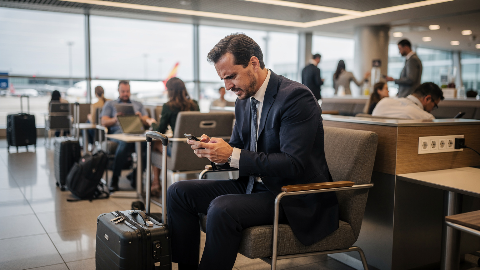 Un uomo d'affari europeo con un vestito elegante è seduto in una sala d'attesa di un aeroporto affollato, il suo viso è stressato mentre cerca di connettersi a internet sul suo smartphone.