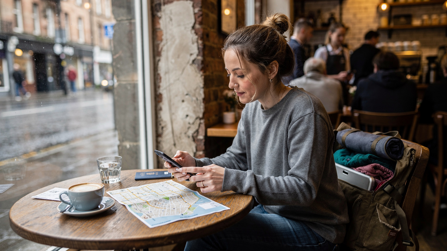 Una viaggiatrice attiva la sua eSIM su un iPhone mentre attende in un caffè di Glasgow, con una mappa della città e uno zaino da viaggio accanto a lei.