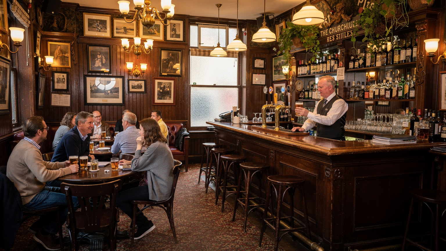L'interno accogliente di un pub tradizionale a Londra, con clienti seduti attorno a tavoli in legno, mentre un barista serve una pinta di birra, creando un'atmosfera conviviale.