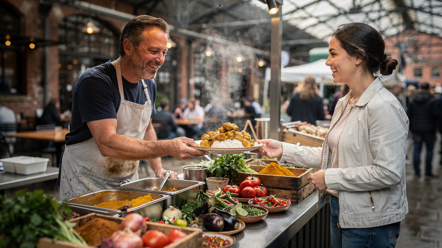 Un vivace stand di street food in un mercato all'aperto di Manchester, con un venditore che serve un piatto di curry fumante a una cliente, circondato da spezie e prodotti freschi.