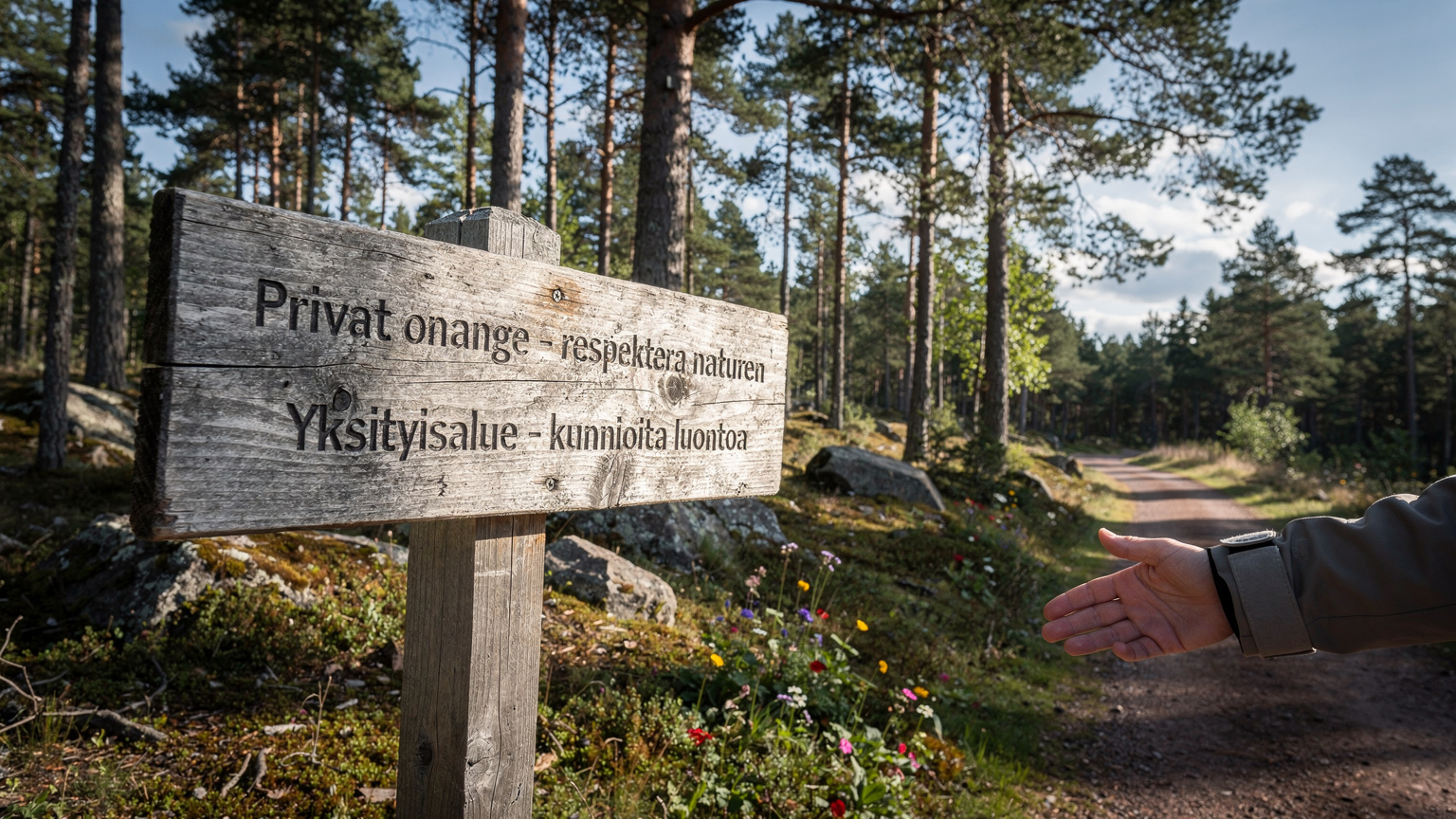 A wooden sign in a rural Aland Islands setting, with text in Swedish and Finnish reminding visitors to respect private property and nature.