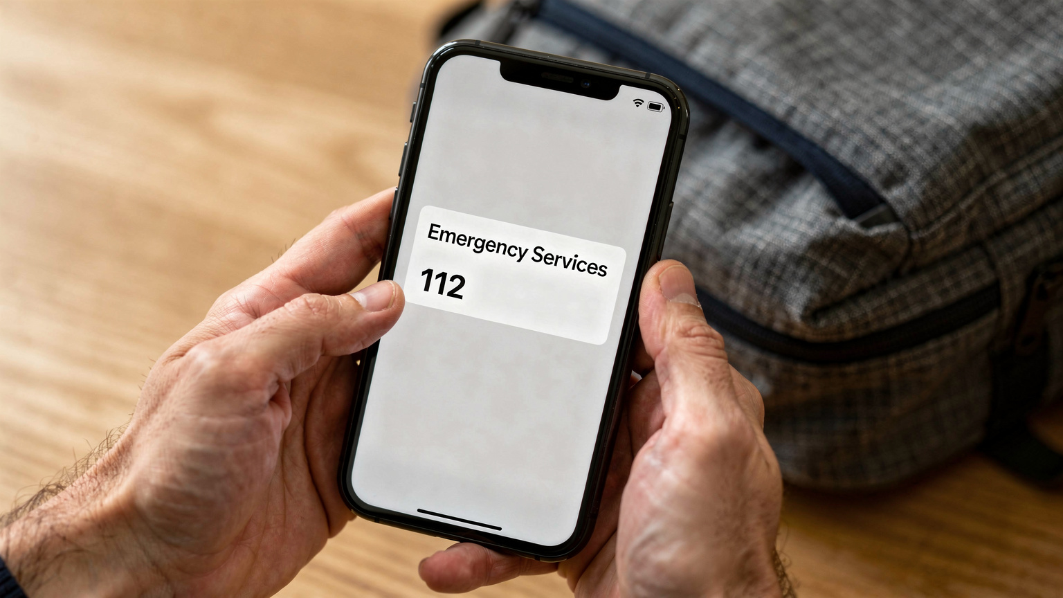 A smartphone screen displaying a contact card with 'Emergency Services' and the number 112 saved, held in a person's hands.