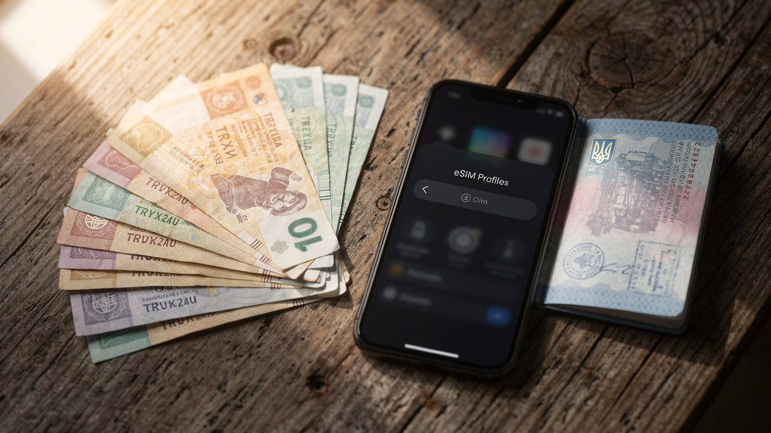 Мобільний телефон з активним профілем eSIM на екрані, лежить поруч з турецькими лірами та паспортом на дерев'яному столі.