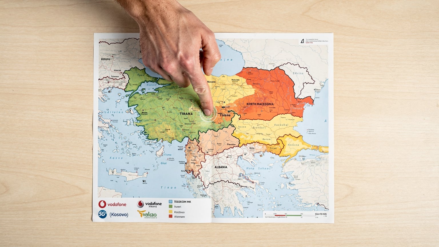 Eine detaillierte Karte des Balkans zeigt die Netzabdeckung der wichtigsten Mobilfunkanbieter in Albanien, Kosovo und Nordmazedonien.