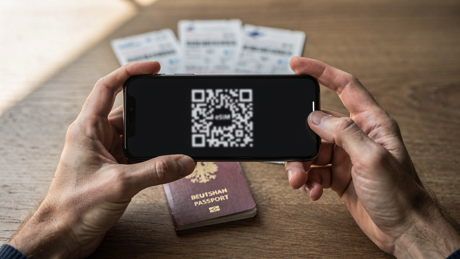 Nahaufnahme von Händen, die ein Smartphone halten, auf dessen Bildschirm ein QR-Code für die eSIM-Aktivierung angezeigt wird, im Hintergrund ein Reisepass und Flugtickets.