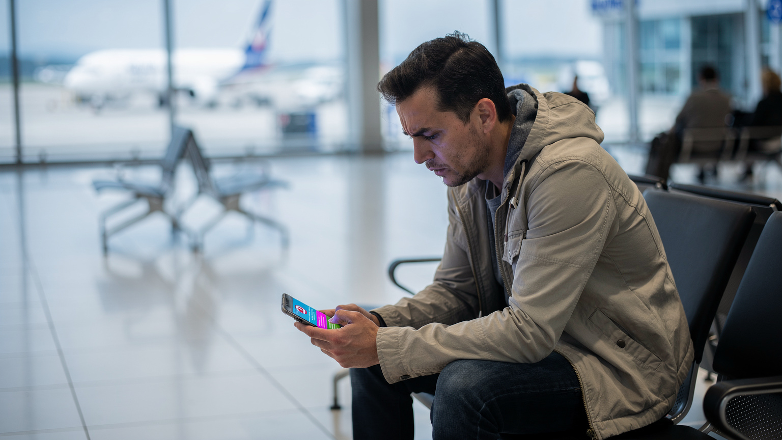 Eine Person sitzt besorgt an einem Flughafen-Gate in Pristina und schaut auf ihr Smartphone, das eine Fehlermeldung bezüglich der Netzwerkverbindung anzeigt.
