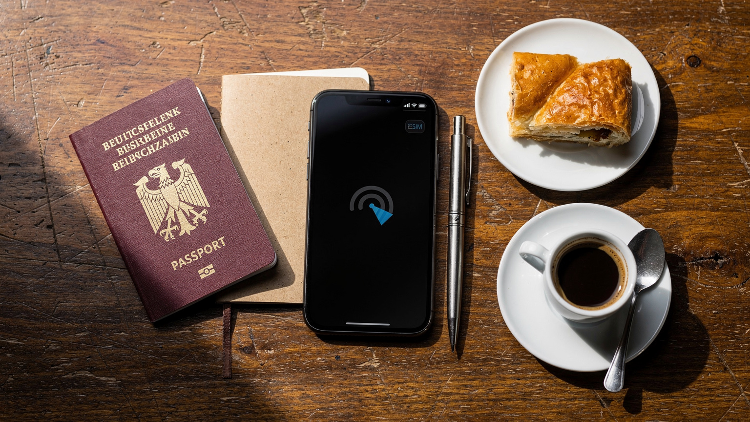 Ein Overhead-Flat-Lay-Shot zeigt einen Reisepass, ein Smartphone mit aktivierter eSIM, eine Notizbuch und einen Stift, umgeben von einheimischen Snacks wie Burek und türkischem Kaffee, auf einem Holztisch in Pristina.