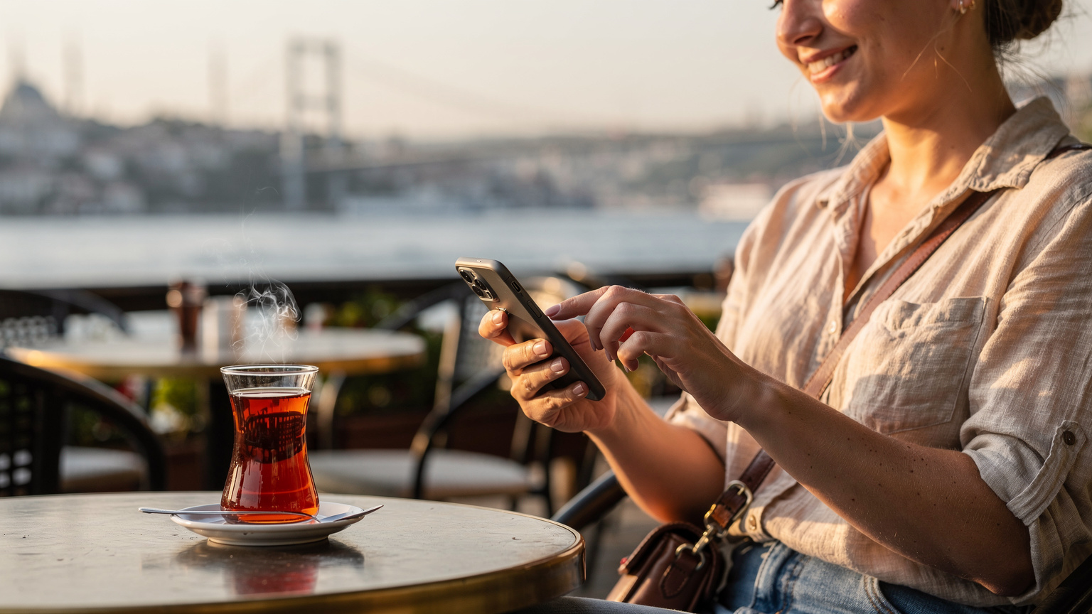 O călătoare tânără își activează eSIM-ul pe telefonul ei în timp ce bea un ceai turcesc pe o terasă cu vedere la Bosfor, economisind timp prețios de explorare.