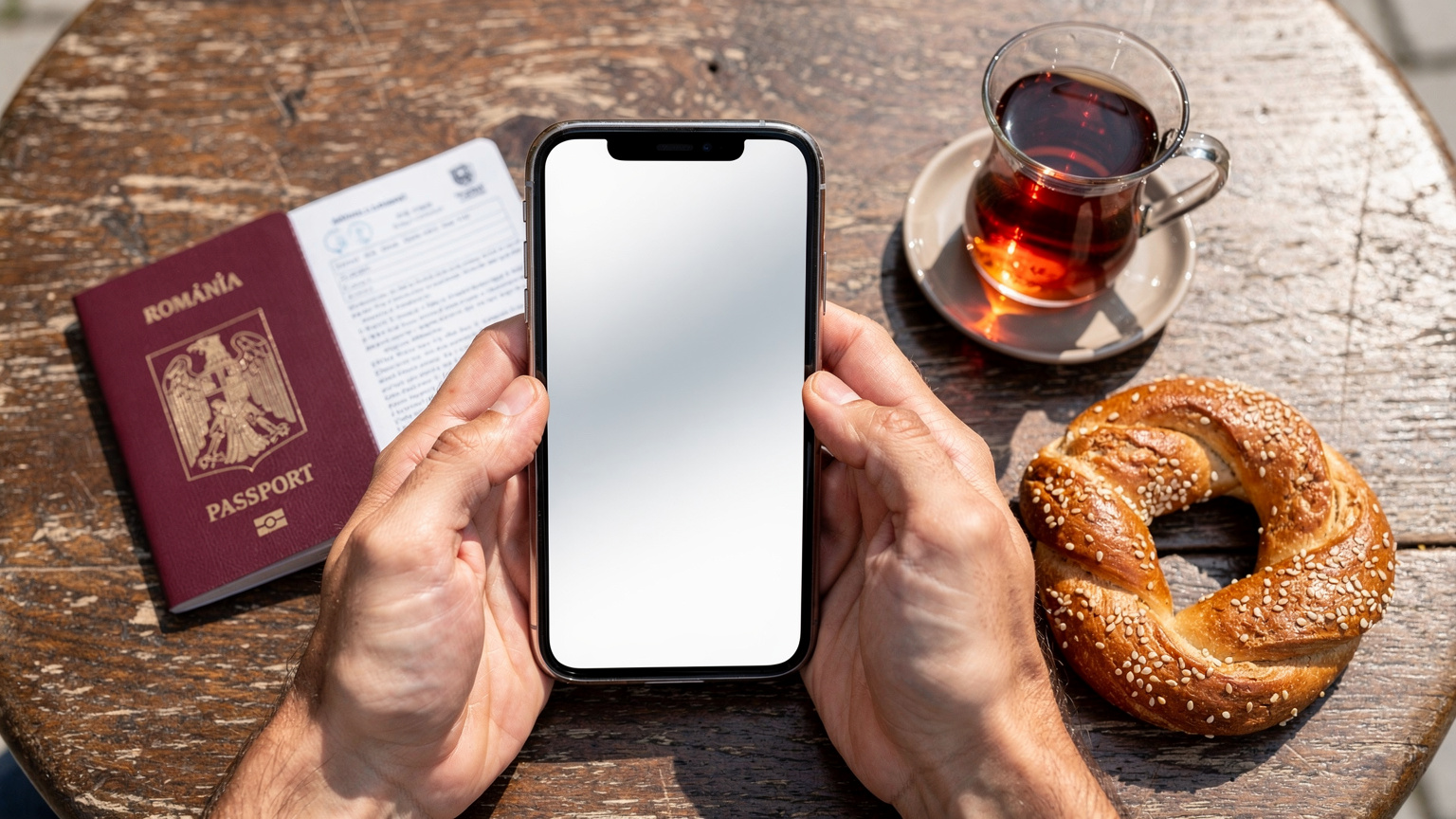 Mani de călător care țin un telefon și un pașaport, aranjate pe o masă de cafenea cu o ceașcă de ceai turcesc și o porție de simit, într-o scenă luminoasă de zi.