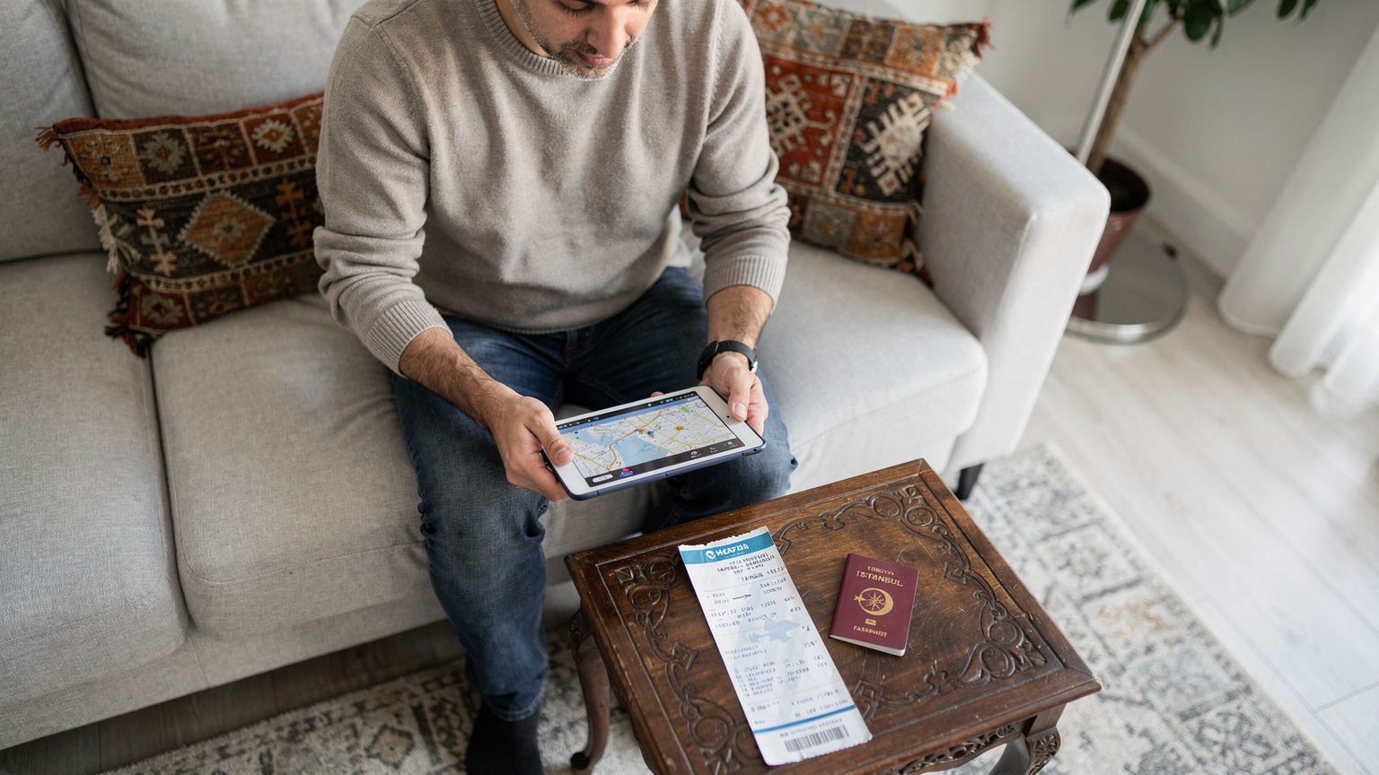 Un padre sentado en el sofá de un apartamento en Estambul, descargando mapas offline y programas de Disney+ en una tableta infantil, con billetes de avión y un pasaporte turco en la mesa de café.