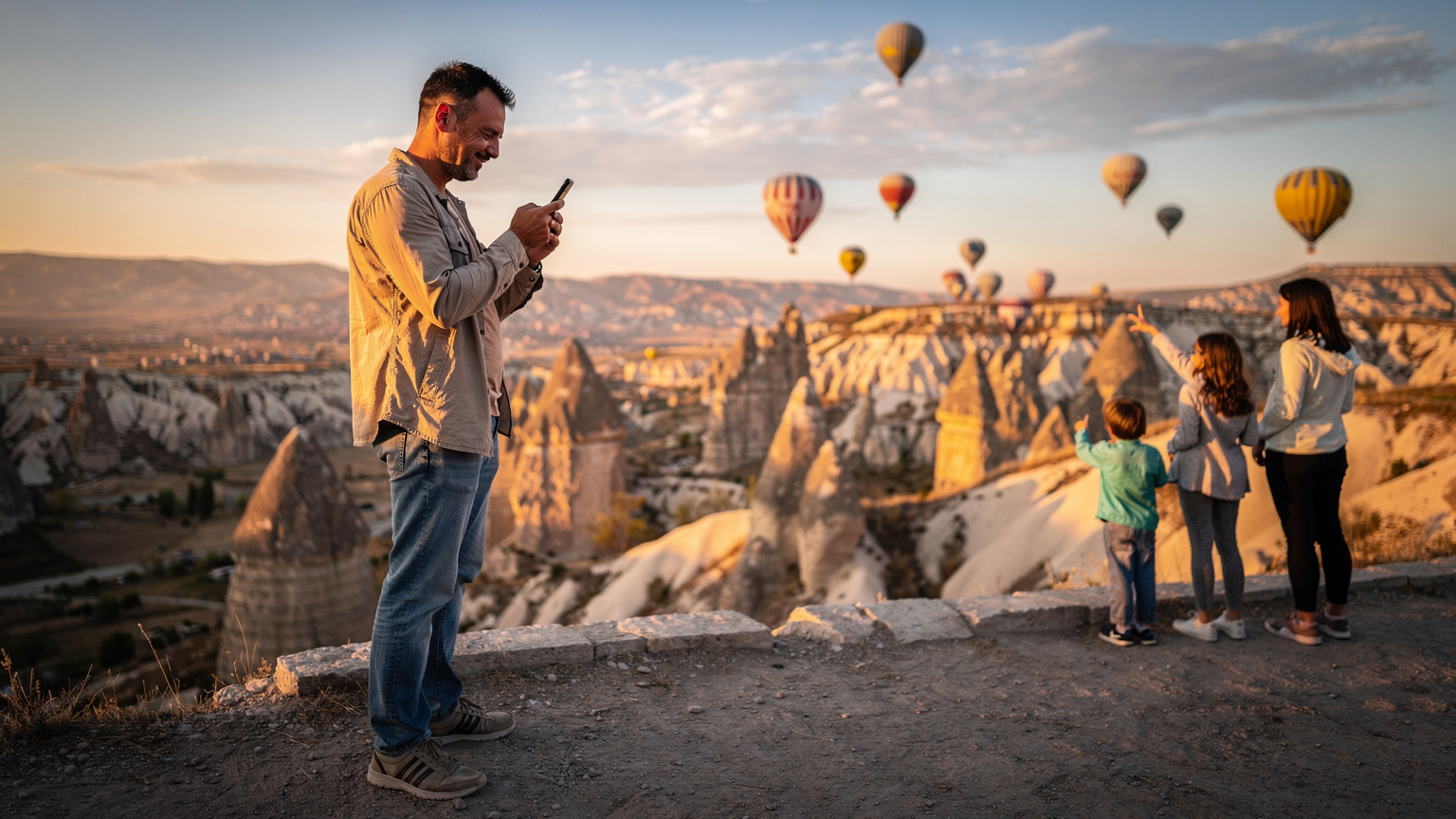 Un padre con su teléfono inteligente en la mano, comprobando la señal de red con una expresión de satisfacción, mientras un globo aerostático se eleva al amanecer sobre las chimeneas de hadas de Capadocia, con su familia observando a lo lejos.