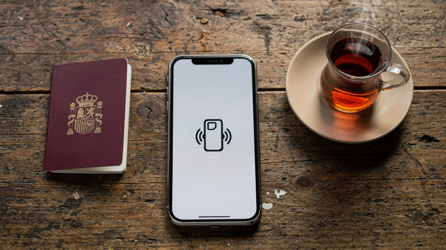 Un smartphone moderno con el icono de eSIM en la pantalla de ajustes, colocado junto a un pasaporte español y una taza de té turco sobre una mesa de madera rústica, simbolizando una conexión fácil y sin complicaciones en el extranjero.