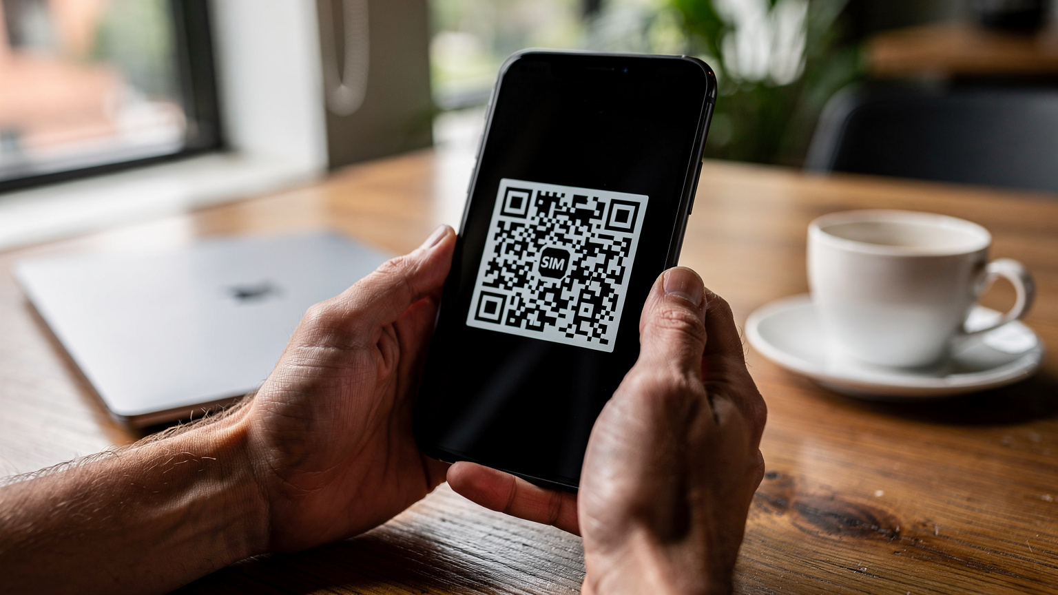 Manos de una persona sosteniendo un smartphone y escaneando un código QR para activar una eSIM, con una taza de café y un ordenador portátil en una mesa de madera de un espacio de coworking en Medellín, Colombia.