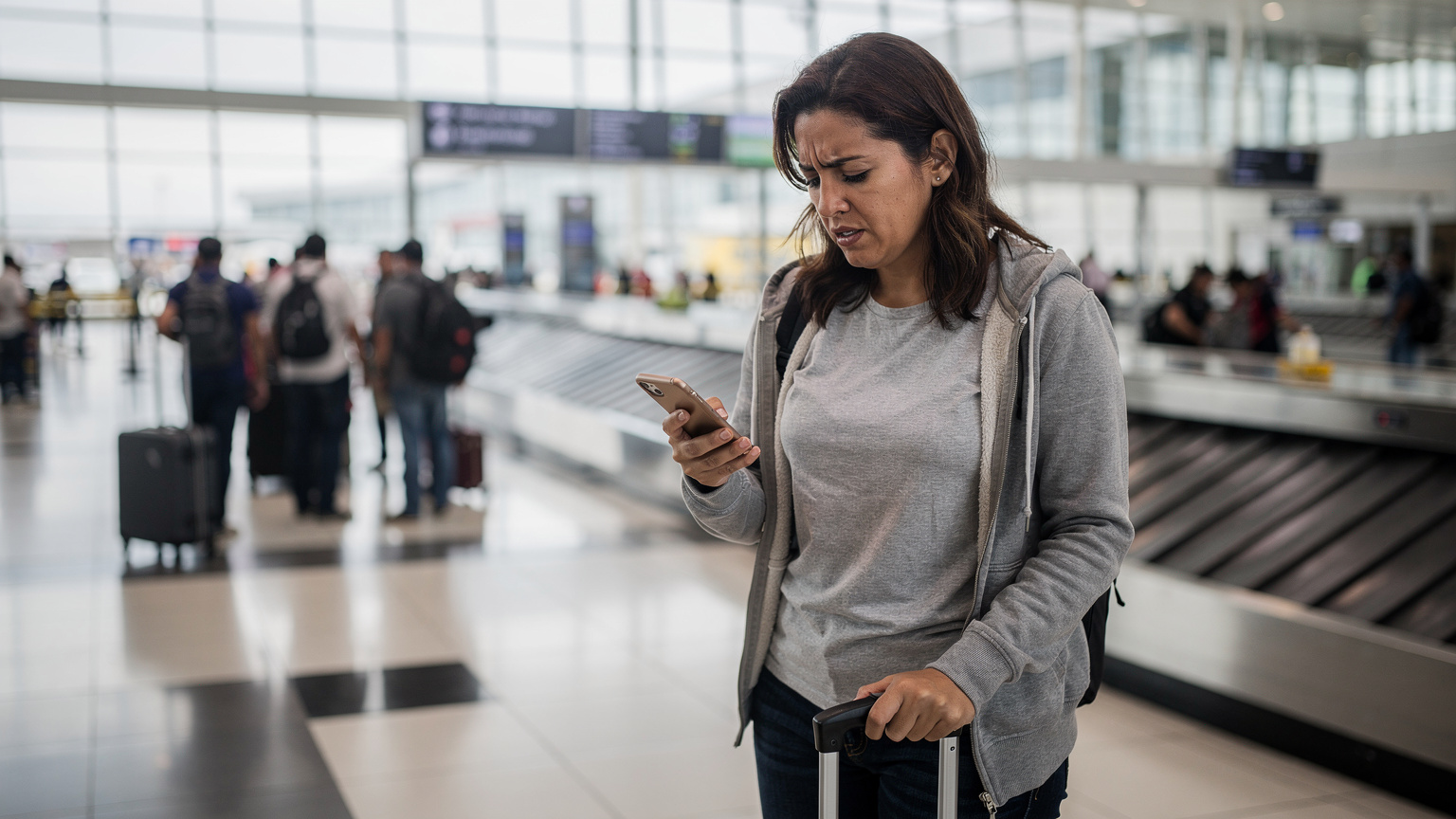 Una mujer con expresión de frustración mirando su teléfono en la terminal de llegadas del aeropuerto Jorge Chávez de Lima, Perú, con maletas y una fila de viajeros desenfocada de fondo, a la luz brillante del día.
