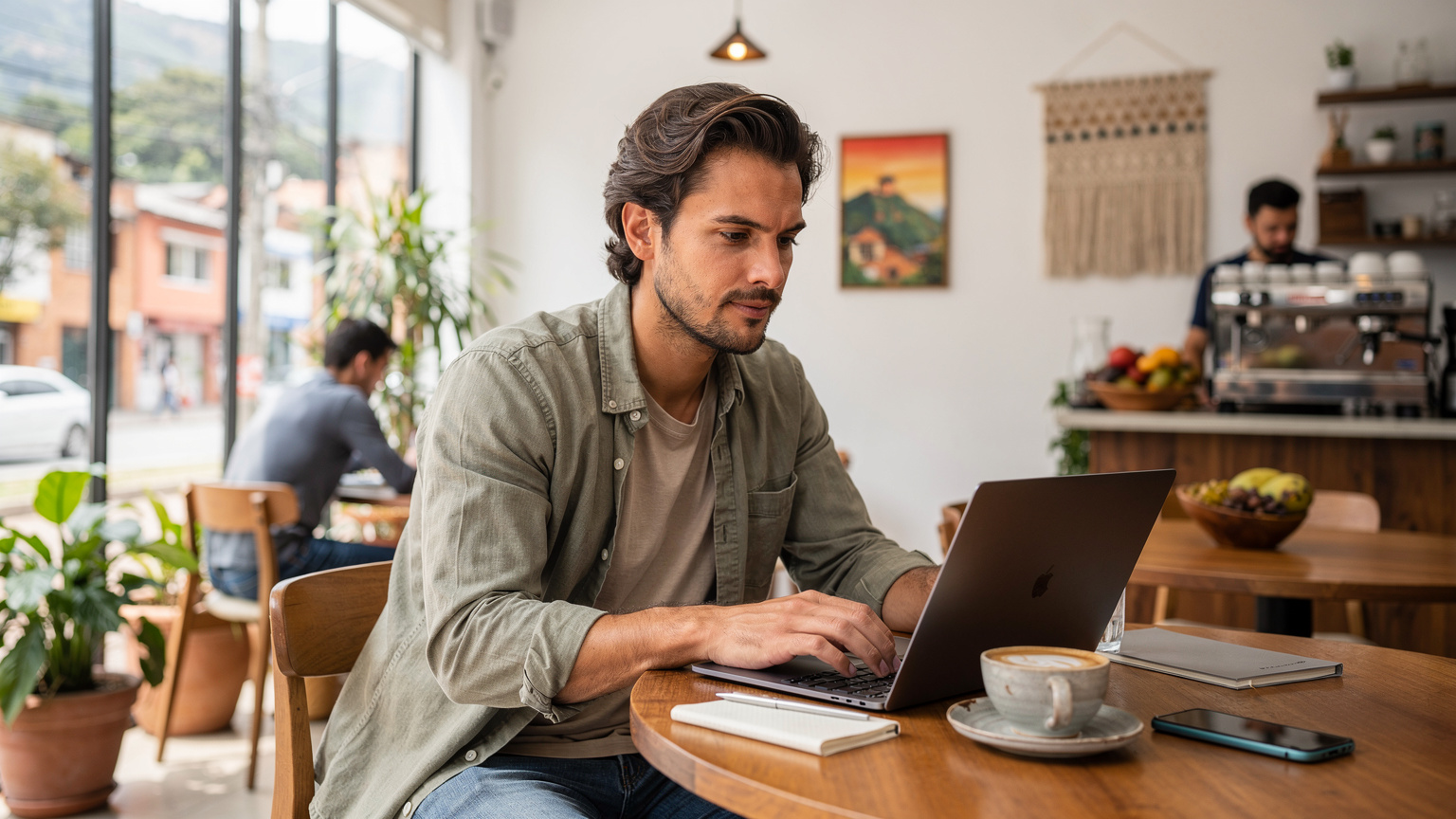 Un nómada digital trabajando concentrado en su laptop en una cafetería luminosa en el barrio de Laureles, Medellín, Colombia, con un café y su smartphone a un lado, mostrando un ambiente productivo y relajado.