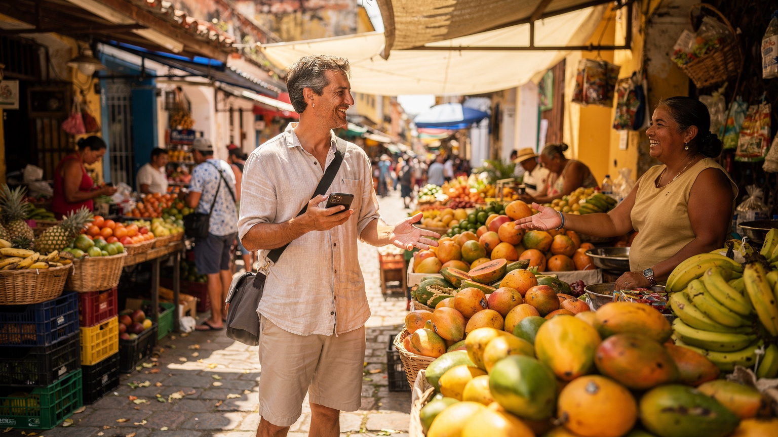 Una persona en un vibrante mercado de frutas tropicales en Cartagena, Colombia, sosteniendo su teléfono mientras interactúa con un vendedor de frutas, con coloridas frutas frescas en exhibición y un ambiente animado de fondo.